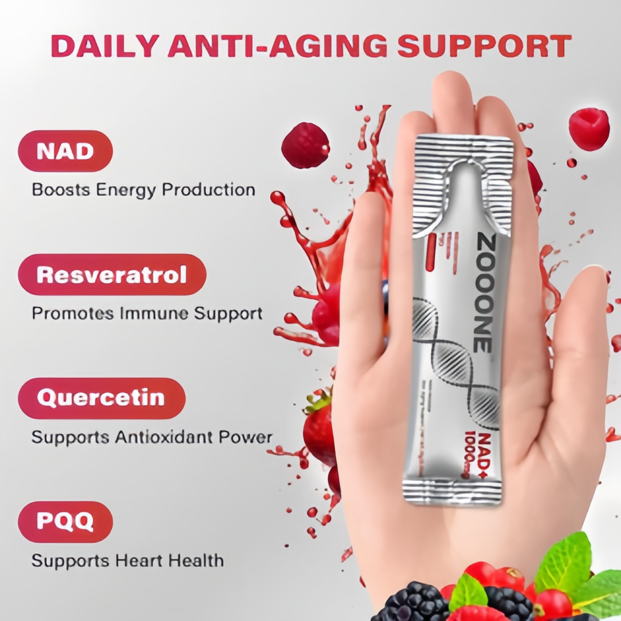 Zooone NR1000-NAD+ Berry Flavor Drink Mix for SkinAging Support, Energy, and Focus-30 Pack