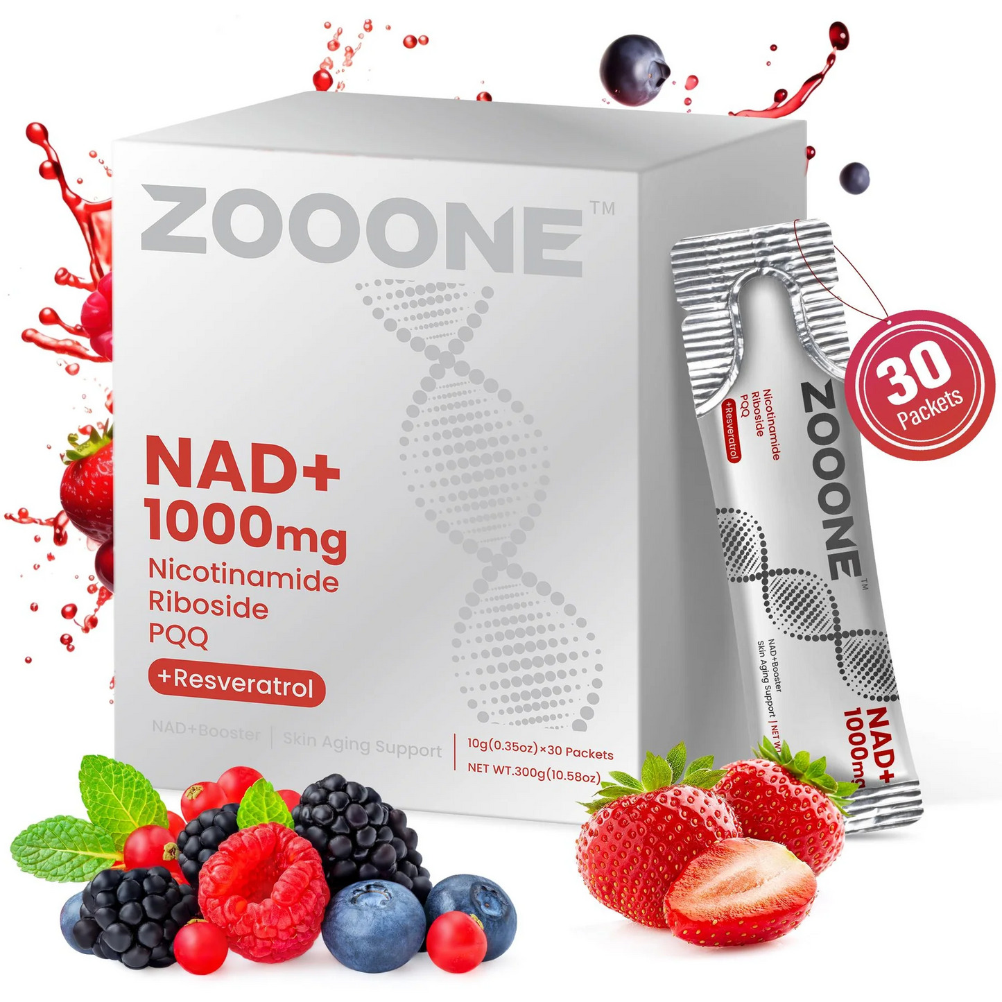 Zooone NR1000-NAD+ Berry Flavor Drink Mix for SkinAging Support, Energy, and Focus-30 Pack